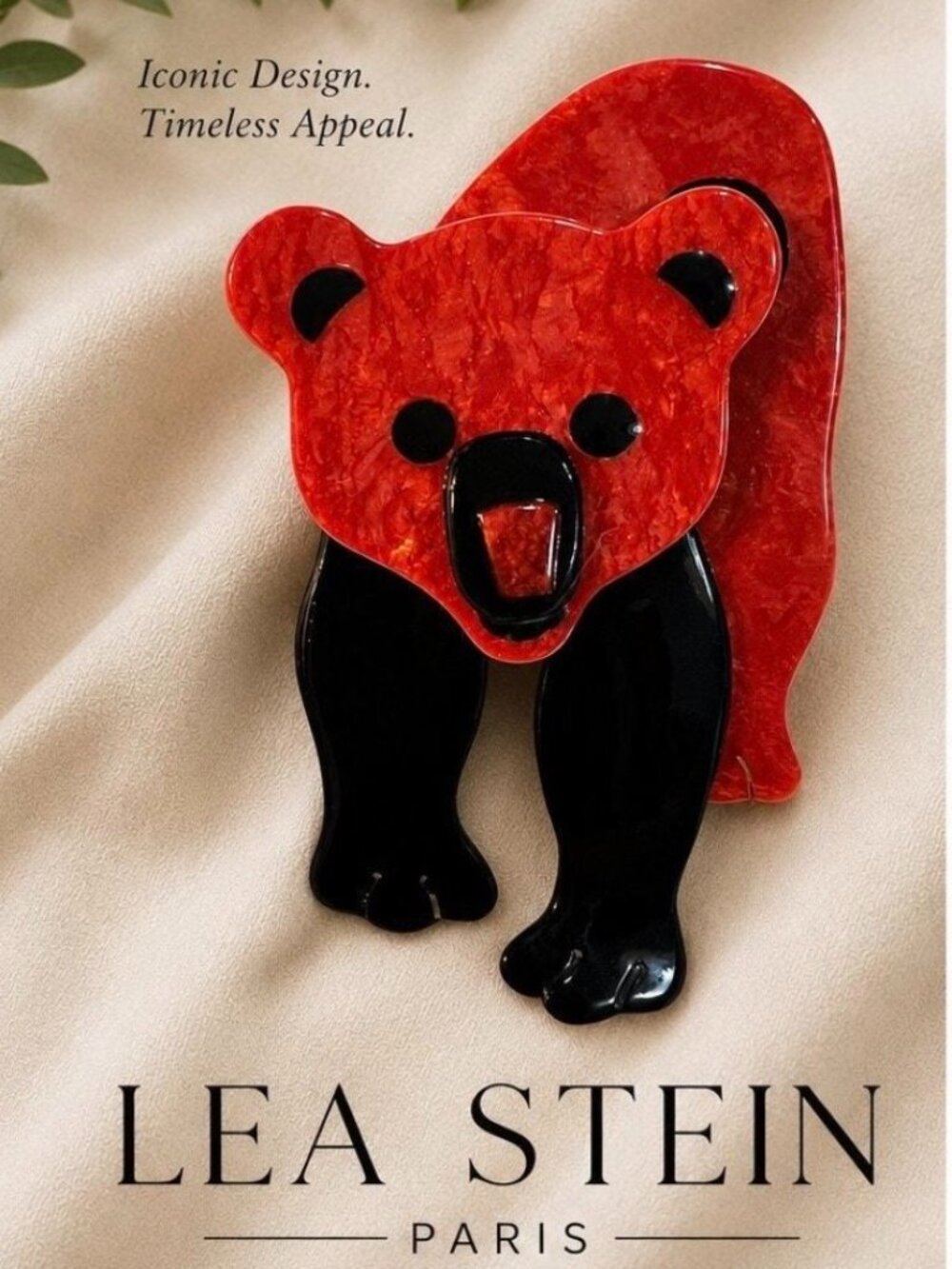 Lea Stein Paris Bear Brooch Pin 3D Vintage Red Black Swirl Art Deco